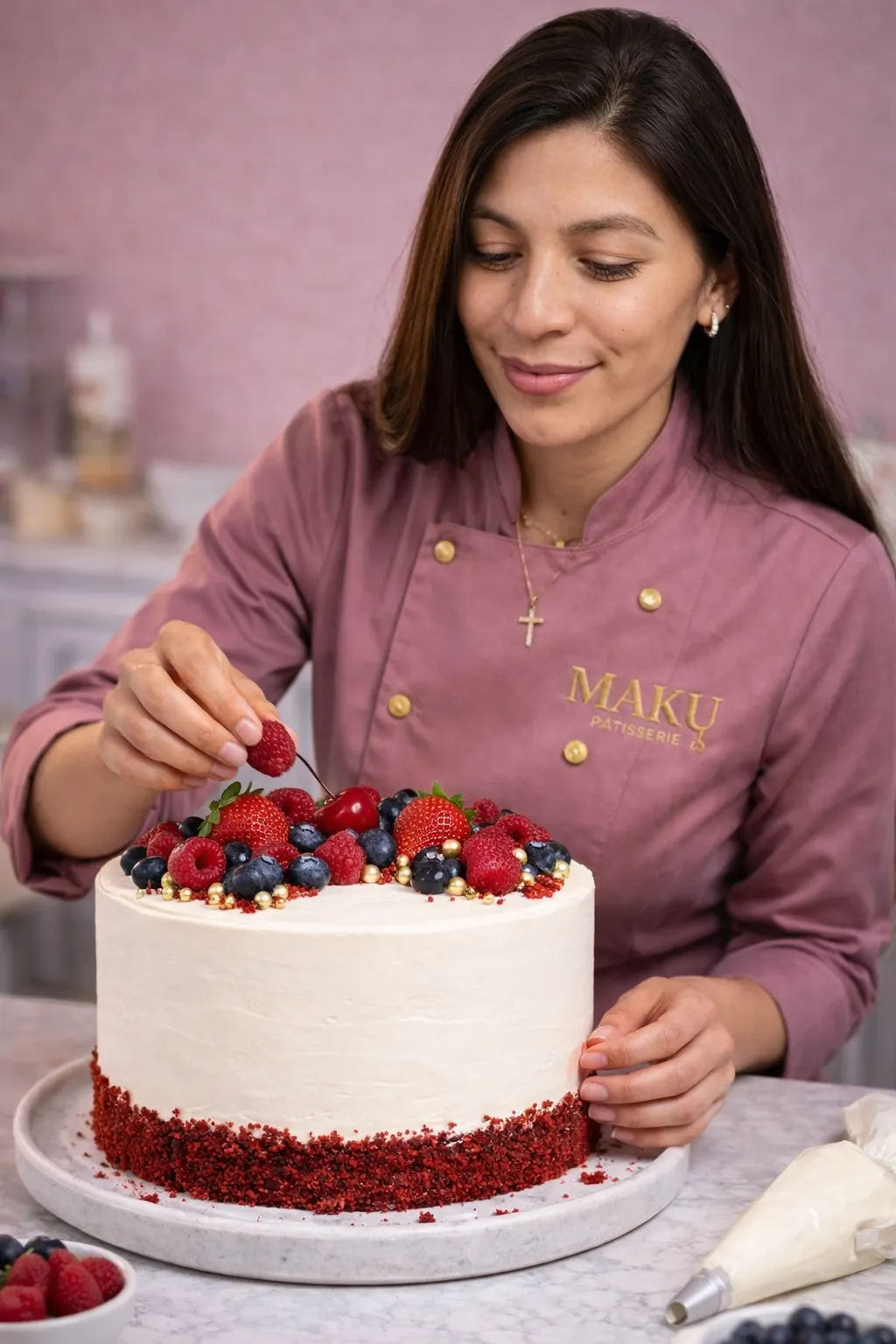 Astrid de MAKU Pâtisserie decorando tarta artesanal con frutos rojos frescos